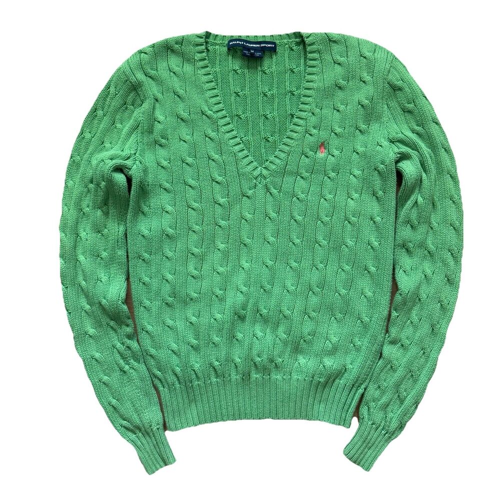 Ralph Lauren Sport Cable Knit Sweater Size M Green V Neck Pink Pony Logo